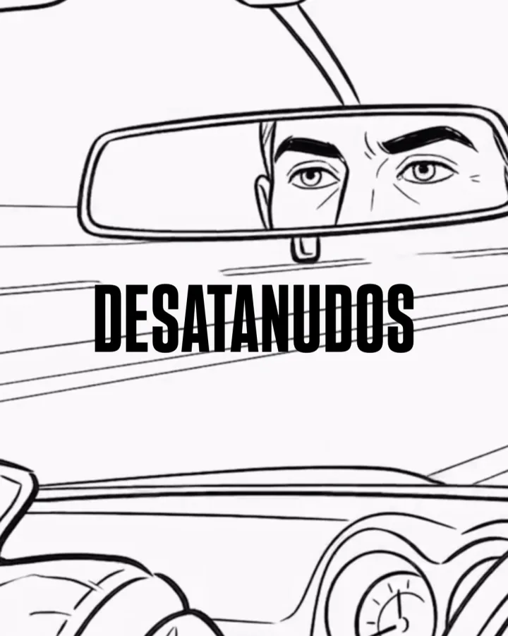 Cuadro del videoclip de Desatanudos: un hombre al volante, mirando por el espejo retrovisor, dibujado en blanco y negro